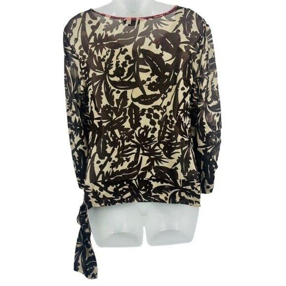 Bcbgmaxazria Brown And Cream Silk Side Tie Peasant Blouse Sz. S - Picture 8 of 9
